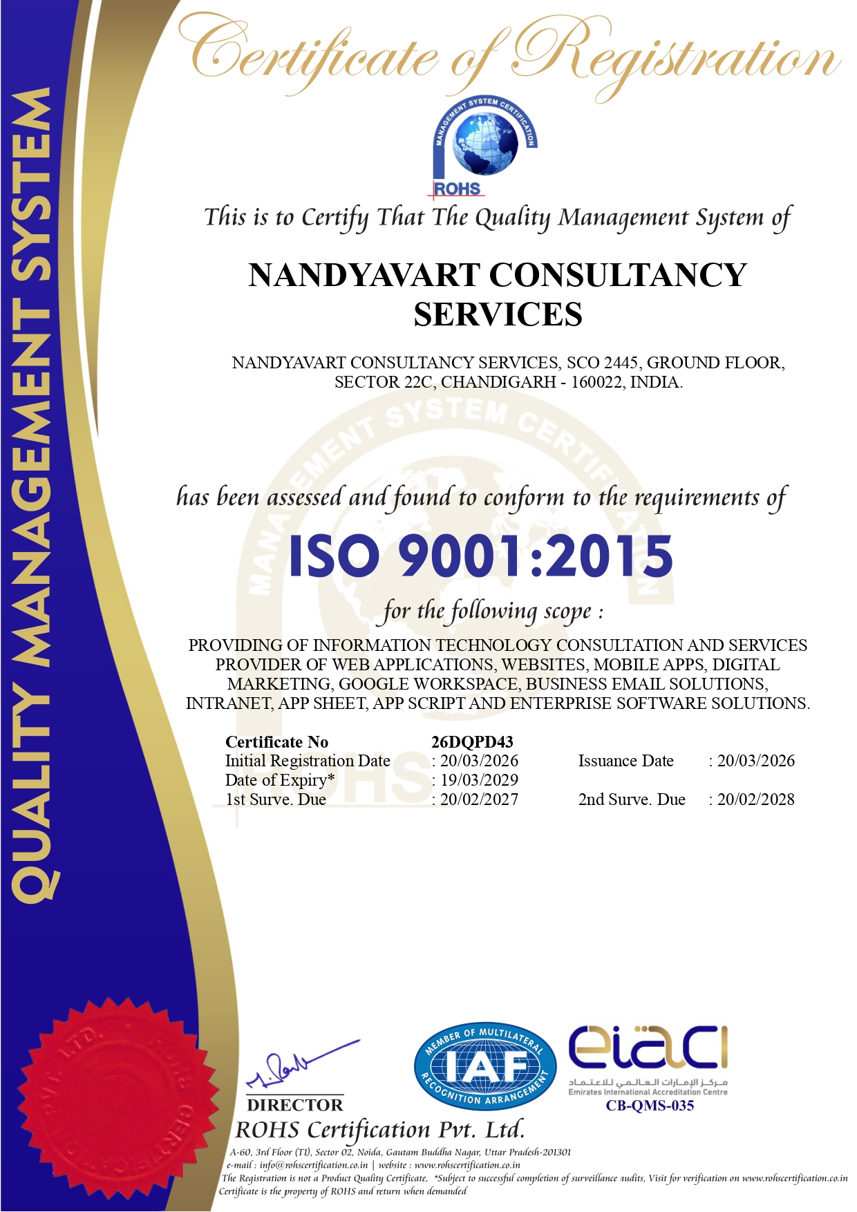 ISO certificate of Nandyavart Consultancy Services